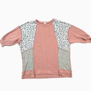 Lovely Melody Mixed Media Leopard Cable Knit Balloon Sleeve Top Pink Women Large
